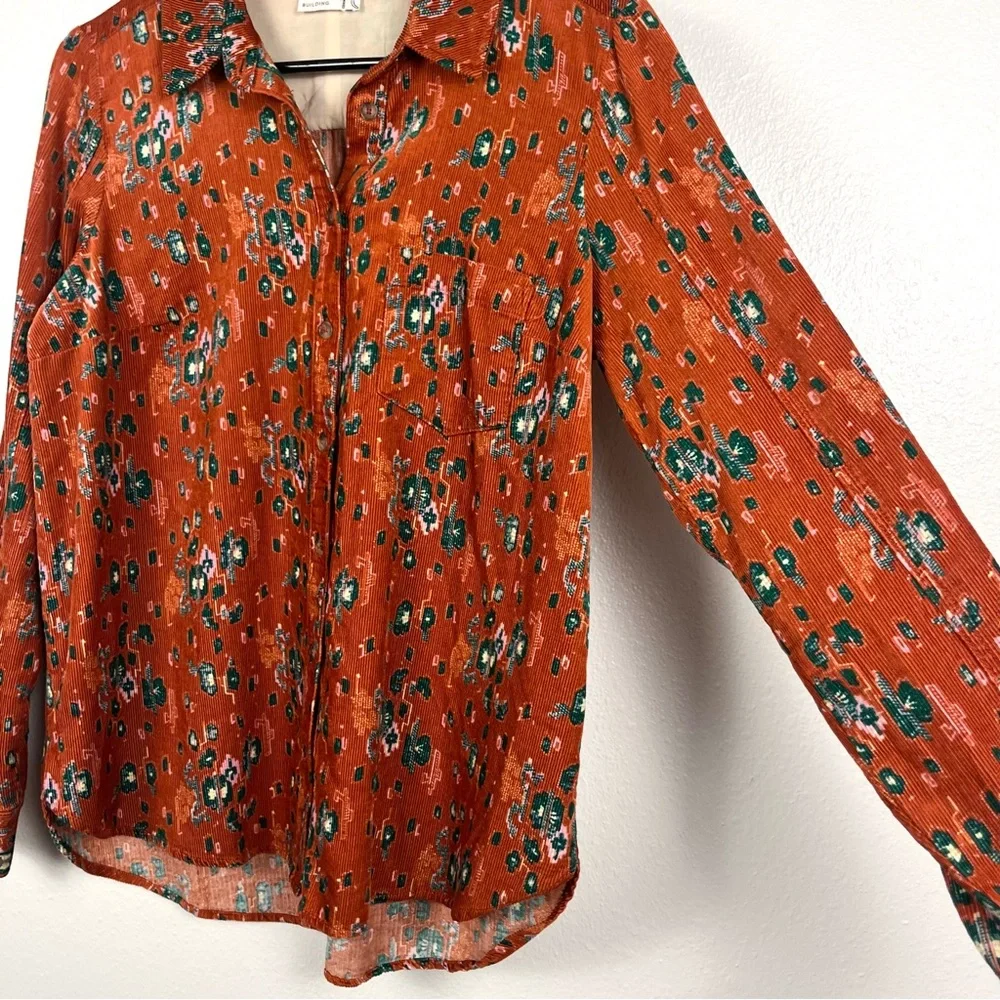 Anthropologie size 6 Corduroy Red-Orange Print Long Sleeve Buttondown Shirt Top